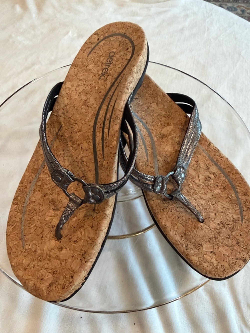 Aetrex Metallic Pewter Cork Thong Sandals - Women